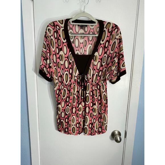 Y2K I.N. Studio Blouse Large Petite Pink Brown Geometric 90s Gilmore Girls Retro - Picture 1 of 6